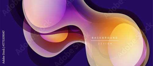 Abstract fluid shapes blend, creating vibrant color gradients. Purple, orange, yellow hues dominate design. Modern, dynamic composition.