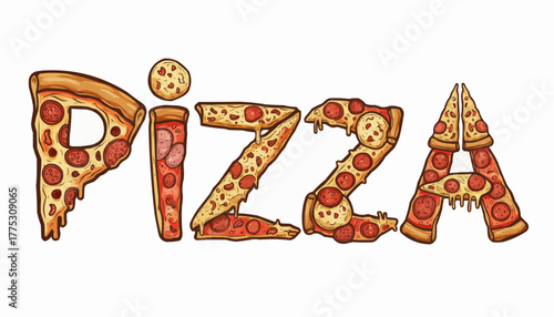 Delicious pizza typography art, appetizing text made of slices with pepperoni and cheese, perfect for pizzeria branding or food promotion, vector design