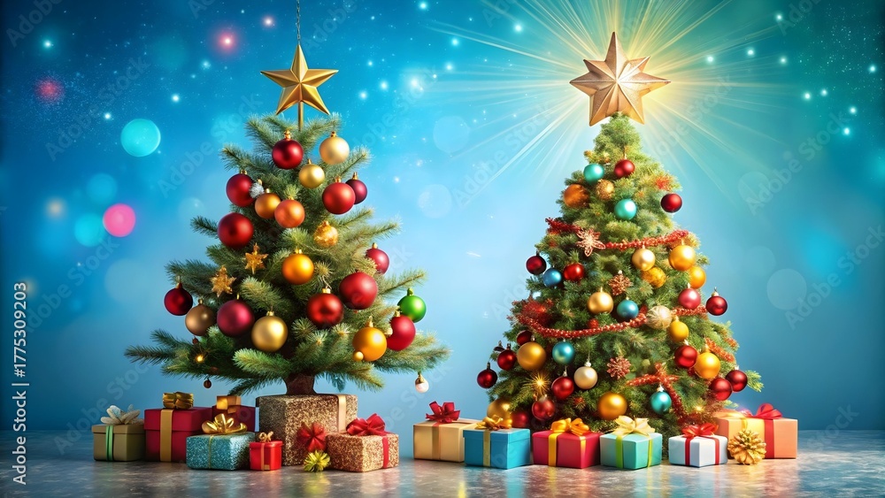 Obraz premium Two decorated christmas trees with colorful ornaments and presents