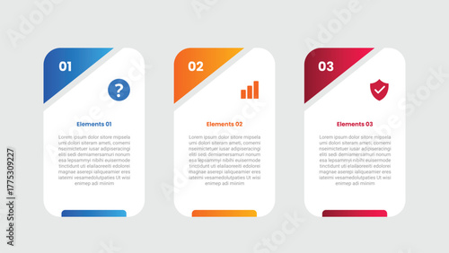 3 points infographic with gradient style with tall vertical round rectangle box with triangle slice cut on top with 3 elements stages