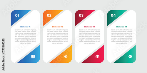 4 points infographic with gradient style with round rectangle box with slice triangle cut on top and bottom opposite with 4 elements stages
