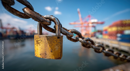 Tariff policy-Rusty padlock on chain at port 