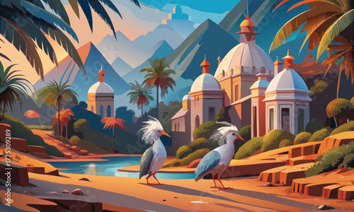 Beautiful landscape with birds and buildings in the background illustration