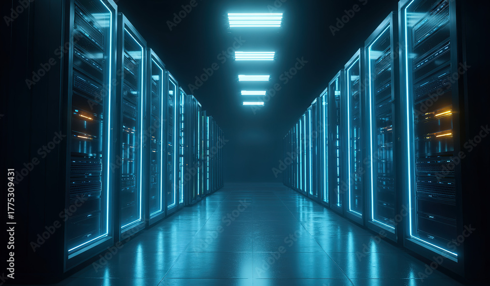 Fototapeta premium Server racks in data center corridor - Technology interior - Digital infrastructure