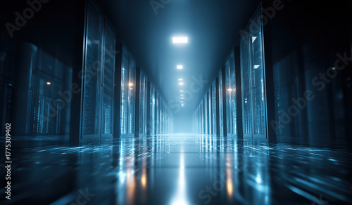 Server racks in data center corridor - Technology interior - Digital infrastructure