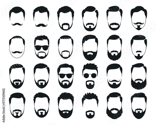 A diverse set of male head icons showcasing various hairstyles, beards, and mustaches. Vector graphic collection of men's haircuts and facial hair styles