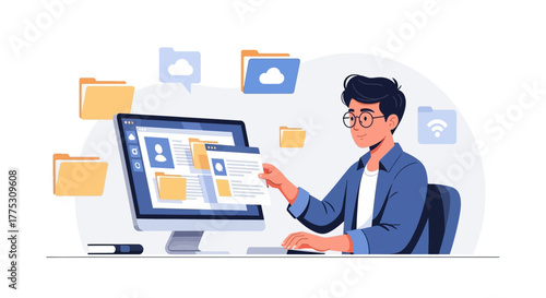 Online Data Management and Cloud Storage System Depicted With Modern Business Man
