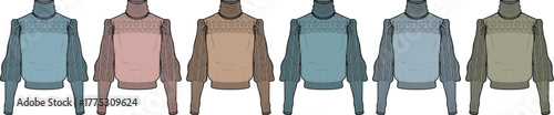 Set of women's turtleneck sweaters with voluminous bishop sleeves in a variety of muted colors. Fashion apparel vector flat technical sketch template