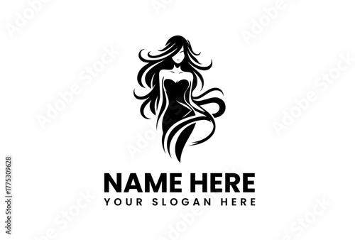 Elegant silhouette of a beautiful woman with flowing long hair and a graceful dress, perfectly suited for a luxury beauty salon, fashion brand, or wellness business logo