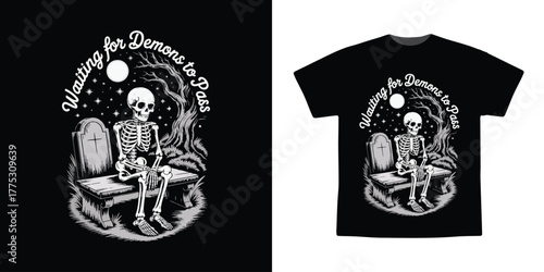 Waiting for Demons to Pass Skeleton Graveyard Gothic T-Shirt Design