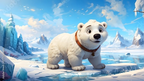 A cute cartoon polar bear with a fun baby character on the ice in the wild nature