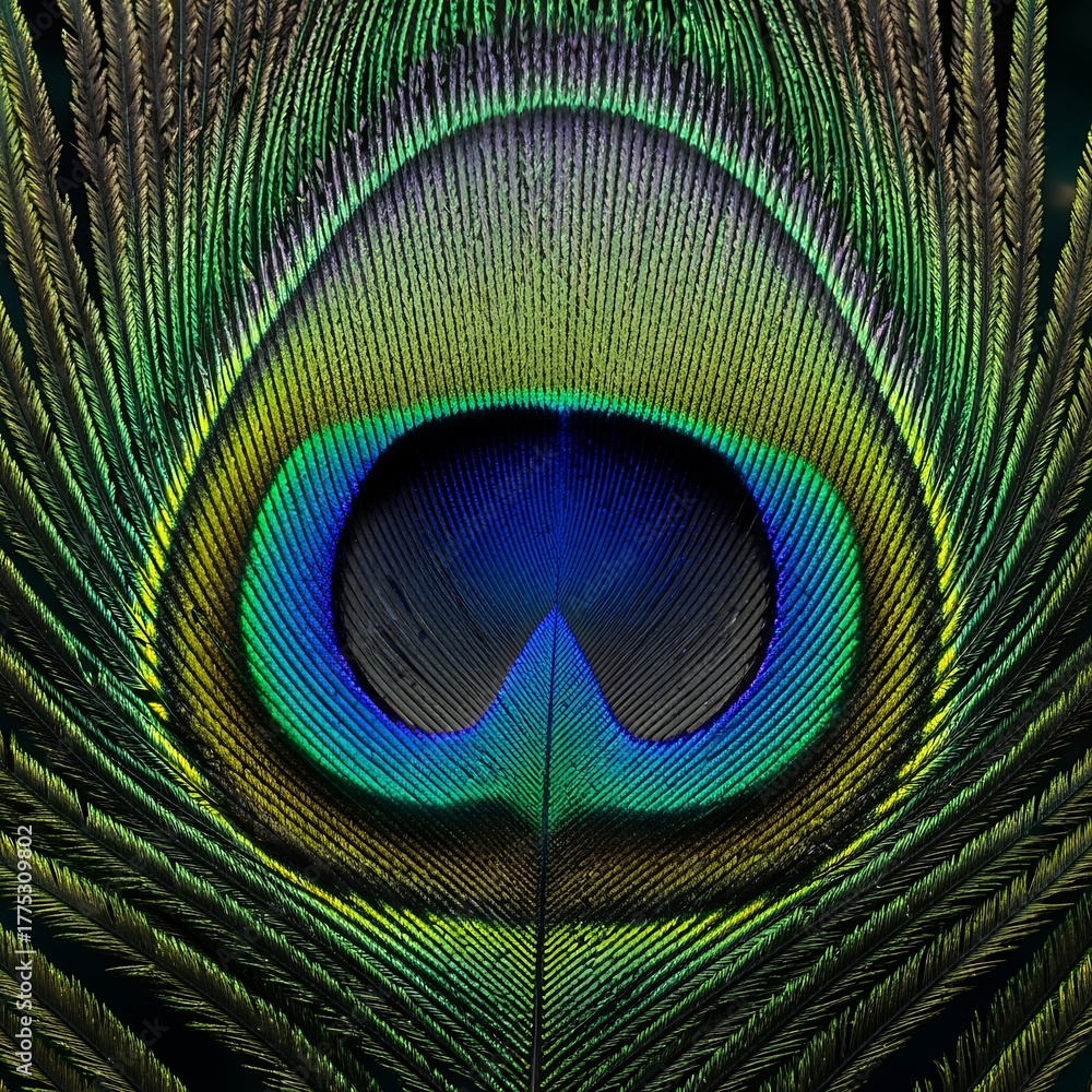Obraz premium Peacock Feather Detail Close-up Showing Vibrant Colors and Iridescent Texture