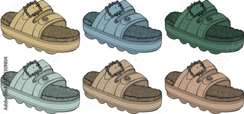 Collection of various colored slide sandals for casual wear and summer fashion