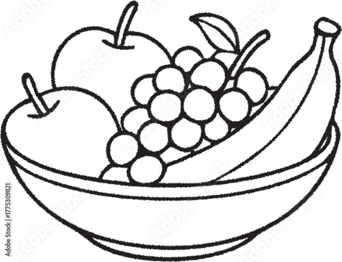 Fruit bowl line art with bananas apples and grapes