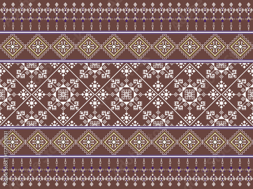 Seamless, intricate tribal geometric fabric pattern in horizontal stripes. Perfect for clothing and textiles, fashion, blankets, bed linen, rugs, wallpaper, curtains, boho style.