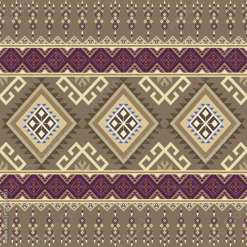 Bold Purple and Gold Geometric Ethnic Seamless Pattern Ideal for textiles and apparel Bohemian-inspired dresses, robes, blankets, bed sheets, rugs, curtains, cushion covers, and wall hangings.