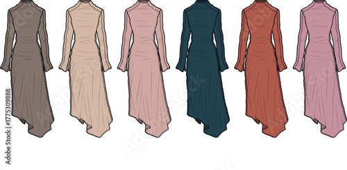 Fashion design concept illustration of an elegant long-sleeved dress with an asymmetrical hem, shown in a variety of color palettes