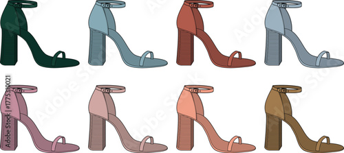 Collection of elegant high-heeled sandals in a variety of beautiful colors and stylish designs