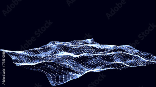 Abstract technology wave of particles. Big data visualization. Vector dark background with motion dots and lines. Artificial intelligence.