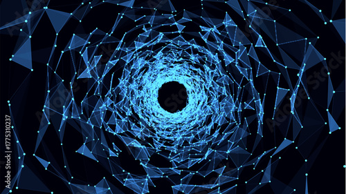 Abstract wireframe circular tunnel. Vector blue wormhole. 3D portal grid. Futuristic fantasy funnel.