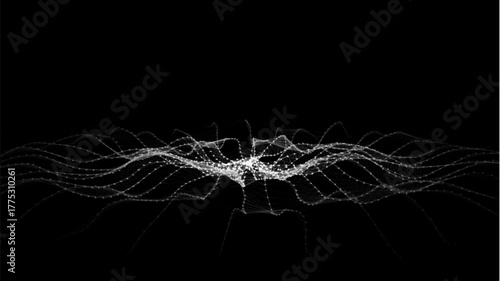 Futuristic circle wave. Vector dark cyberspace. Abstract music sound wave with dots. White moving particles on black background.