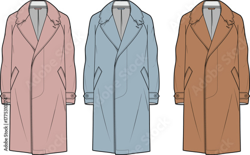 A versatile collection of classic trench coat vector illustrations. A stylish apparel concept for seasonal fashion shown in pink, blue, and brown