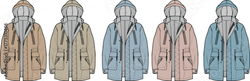 Vector flat sketches showcasing a diverse collection of essential outerwear hooded parka jackets in a spectrum of trending seasonal colors for fashion design concepts