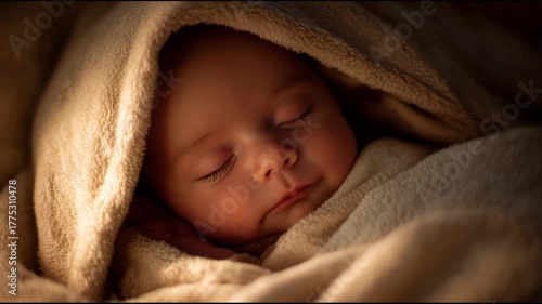 Close-up of a peaceful newborn baby sleeping soundly wrapped in a soft, cozy beige blanket, illuminated by warm, gentle light
