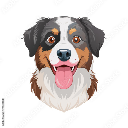 Happy Australian Shepherd Dog Portrait. Cute and Smiling Aussie Head Vector Illustration