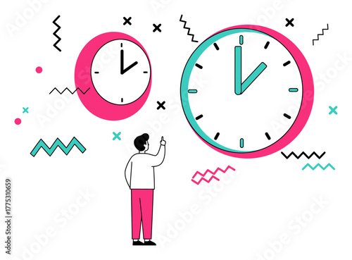 Minimalist Person Looking at Wall Clock Vector Illustration