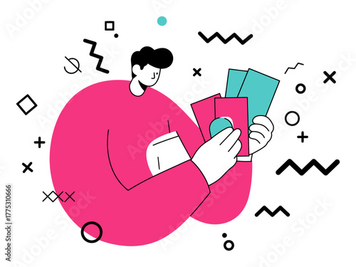 Person Making Flashcards for Memorization, Minimalist Flat Vector Illustration