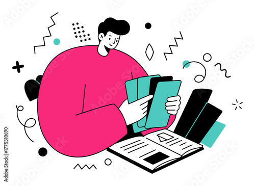 Person Making Flashcards for Memorization, Minimalist Flat Vector Illustration