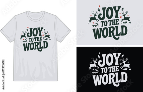 T-shirt mockup displaying a 'Joy to the World' Christmas design.