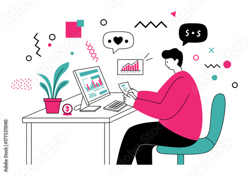 Person Paying Bills at Home Desk Minimalist Flat Vector Illustration