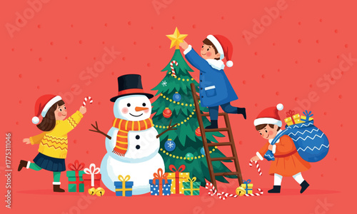 Family decorating Christmas tree and building snowman festive illustration