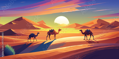 Three camels walking in the desert at sunset with mountains in background in detailed vector illustration art style