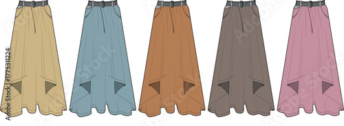 A collection of five different colored floor-length skirts with triangular pockets on each side