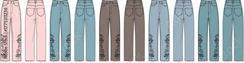 A collection of women's denim jeans with floral side embroidery shown in a technical flat sketch. Set of casual trousers in various colors for fashion design concepts