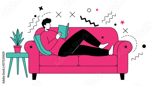 Minimalist Flat Vector Illustration of Person Relaxing on Couch Reading