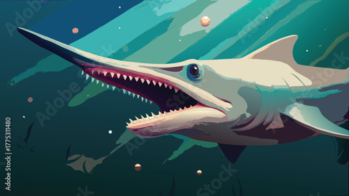 high detailed cartoon vector illustration of a goblin shark in deep sea 