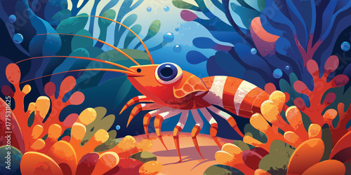 Vibrant illustration of anemone shrimp in a colorful underwater environment