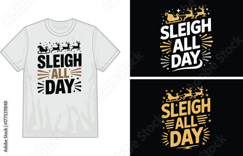 White t shirt mockup featuring a festive sleigh graphic design for holidays