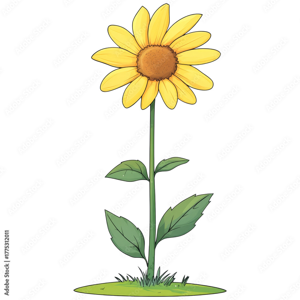 Fototapeta premium Bright yellow sunflower with green leaves, standing tall on grassy base, radiating warmth and cheerfulness