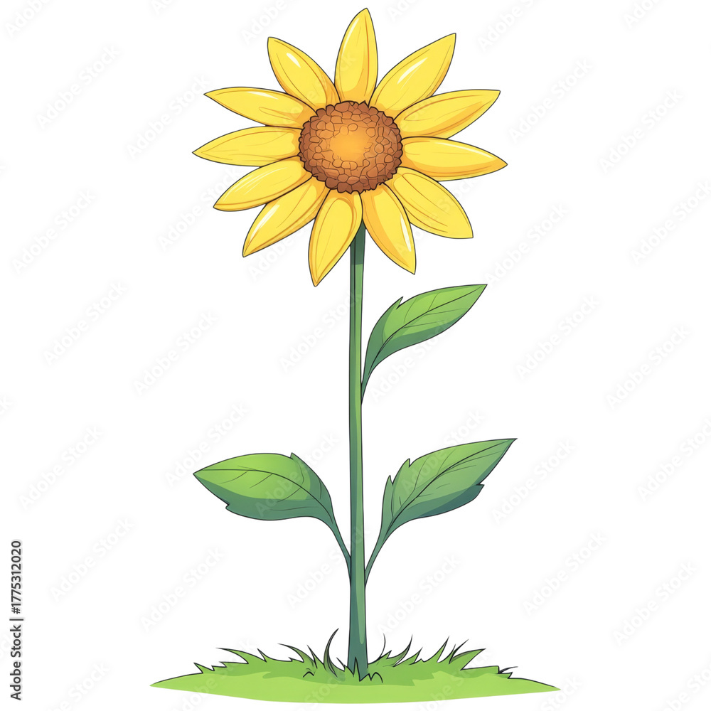 Obraz premium Bright yellow sunflower with large petals and textured center, standing tall on green stem with leaves, evokes feelings of warmth and cheerfulness