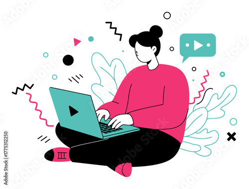 Minimalist Flat Vector Illustration of Person Watching Educational Video on Laptop