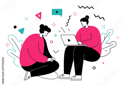 Minimalist Flat Vector Illustration of Person Watching Educational Video on Laptop