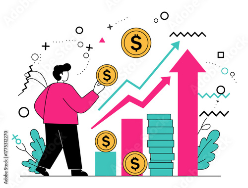 Minimalist Investor Watching Growth Upward Flat Vector Illustration