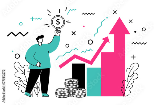 Minimalist Investor Watching Growth Upward Flat Vector Illustration