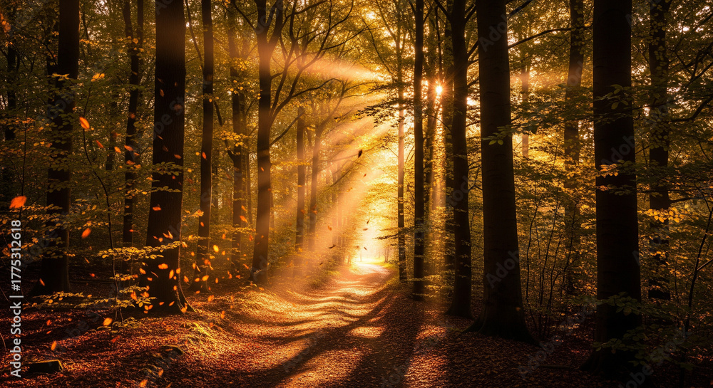 Obraz premium Sunlight streams through tall trees in a forest, illuminating a path with golden light and creating long shadows on the ground.