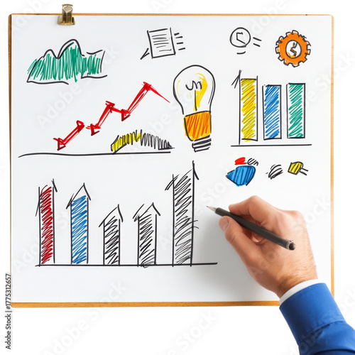 Person writing business goals and strategies on whiteboard with colorful charts and graphs, showcasing creativity and planning